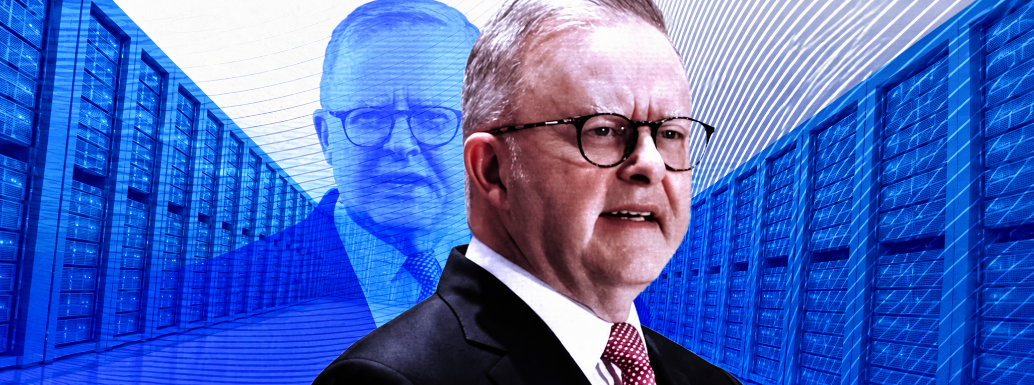 Anthony Albanese in front of blue server racks, with a translucent portrait of him in the background.
