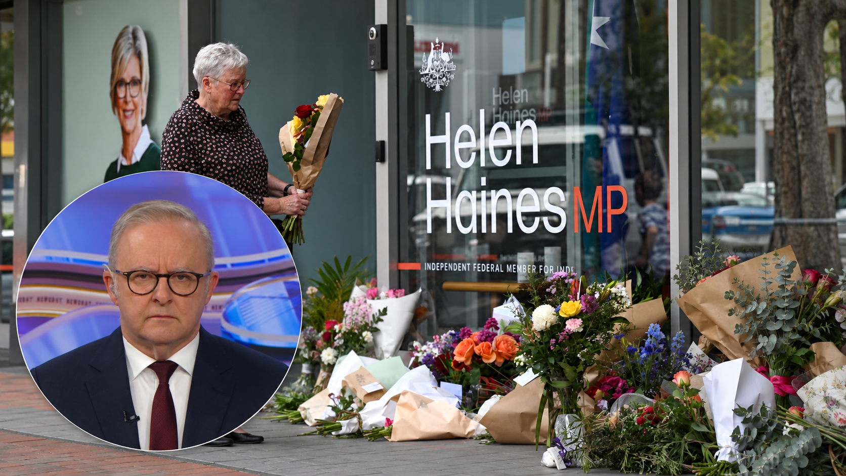 Anthony Albanese in a circular inset beside flowers outside Helen Haines’ electorate office.