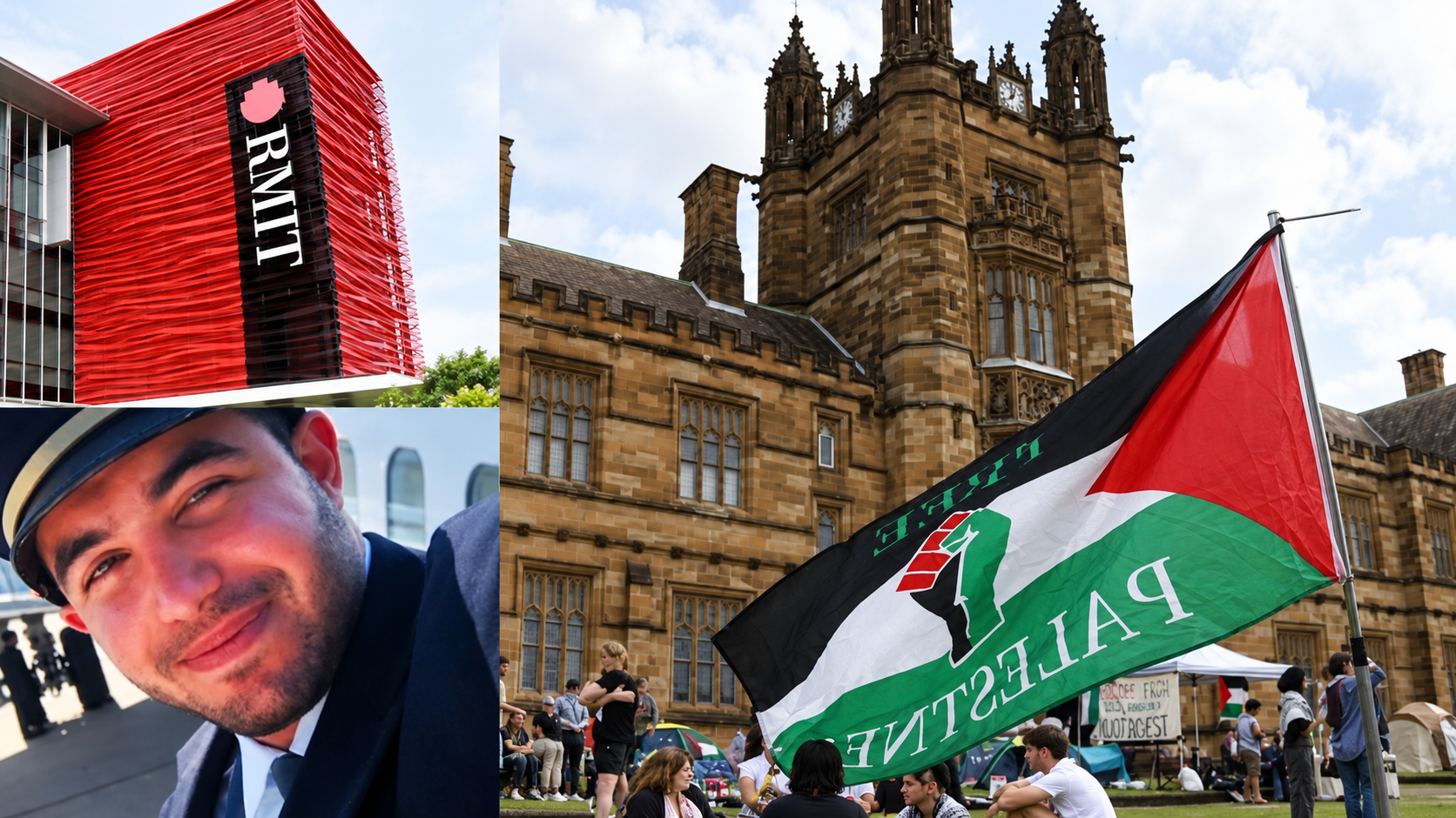 Collage of an RMIT building, a man’s portrait, and a Palestinian flag outside a sandstone university building.
